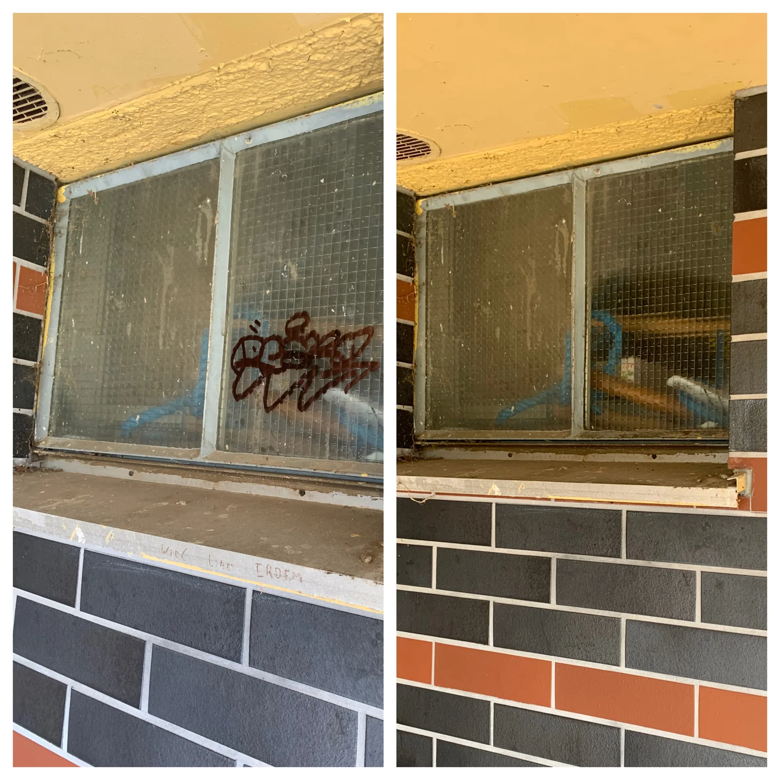Graffitientfernung auf Drahtglas vorher und nachher