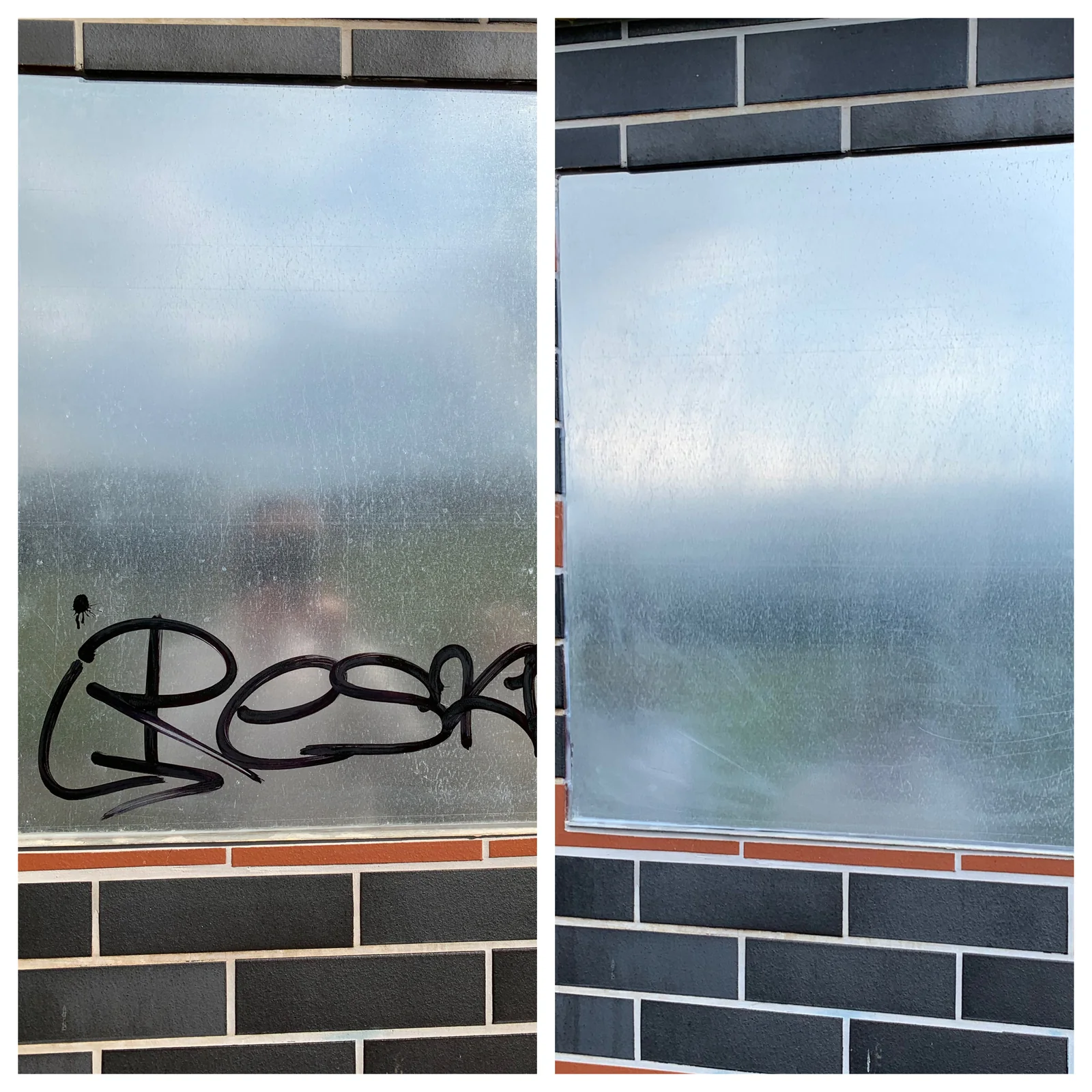 Graffitientfernung auf satiniertem Glas vorher und nachher
