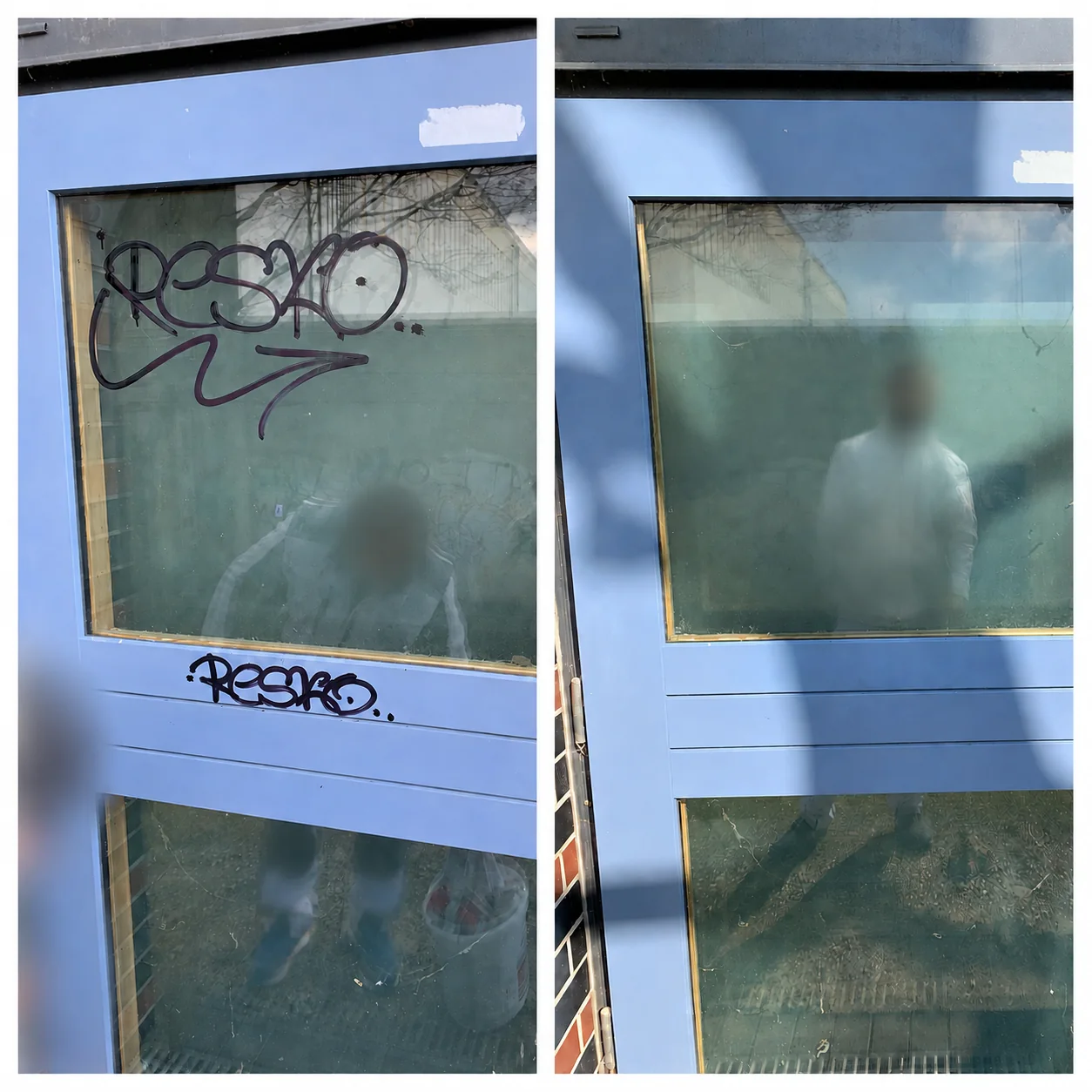 Graffitientfernung an Glas und blauem Rahmen vorher und nachher