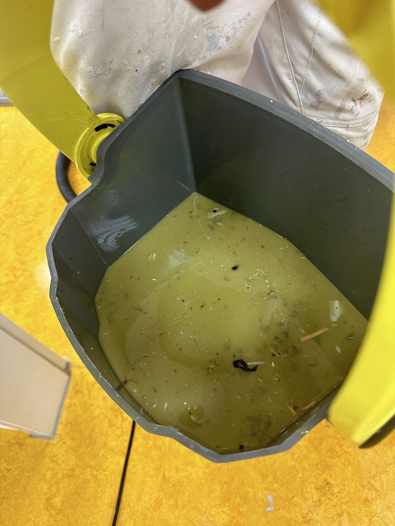 Aufgenommenes Schmutzwasser bei der Grundreinigung eines Linoleumbodens